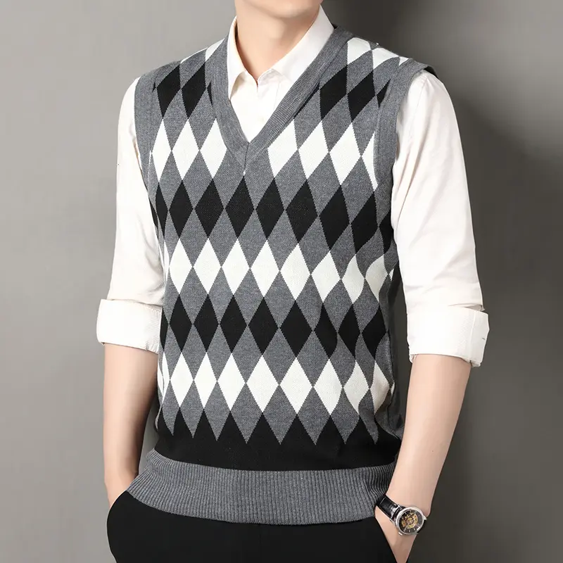 Men's V-Neck Argyle Knit Vest Casual Waistcoat Top