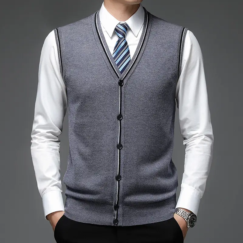 Men's Solid V-Neck Wool Cardigan Knit Vest Trendy Sleeveless Casual Sweater
