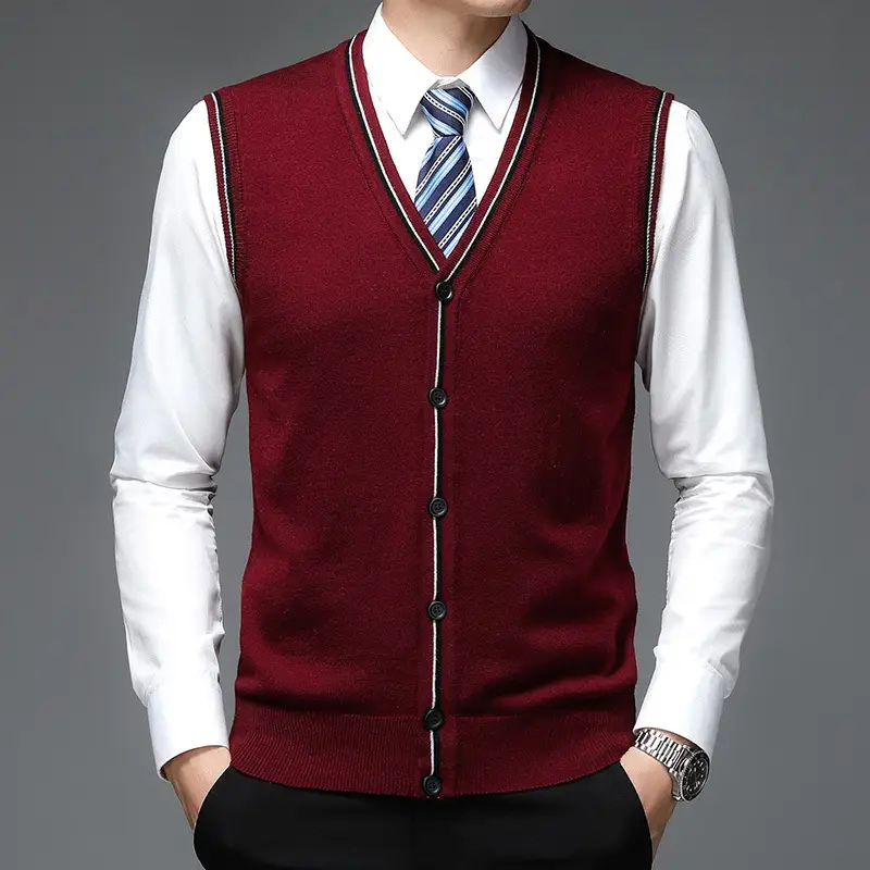 Men's Solid V-Neck Wool Cardigan Knit Vest Trendy Sleeveless Casual Sweater