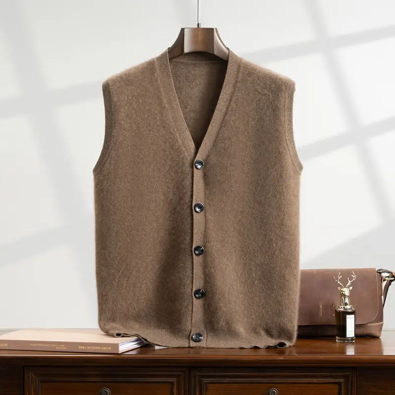 Men's Goat Cashmere Casual Knit Business V-Neck Sleeveless Sweater Vest Waistcoat