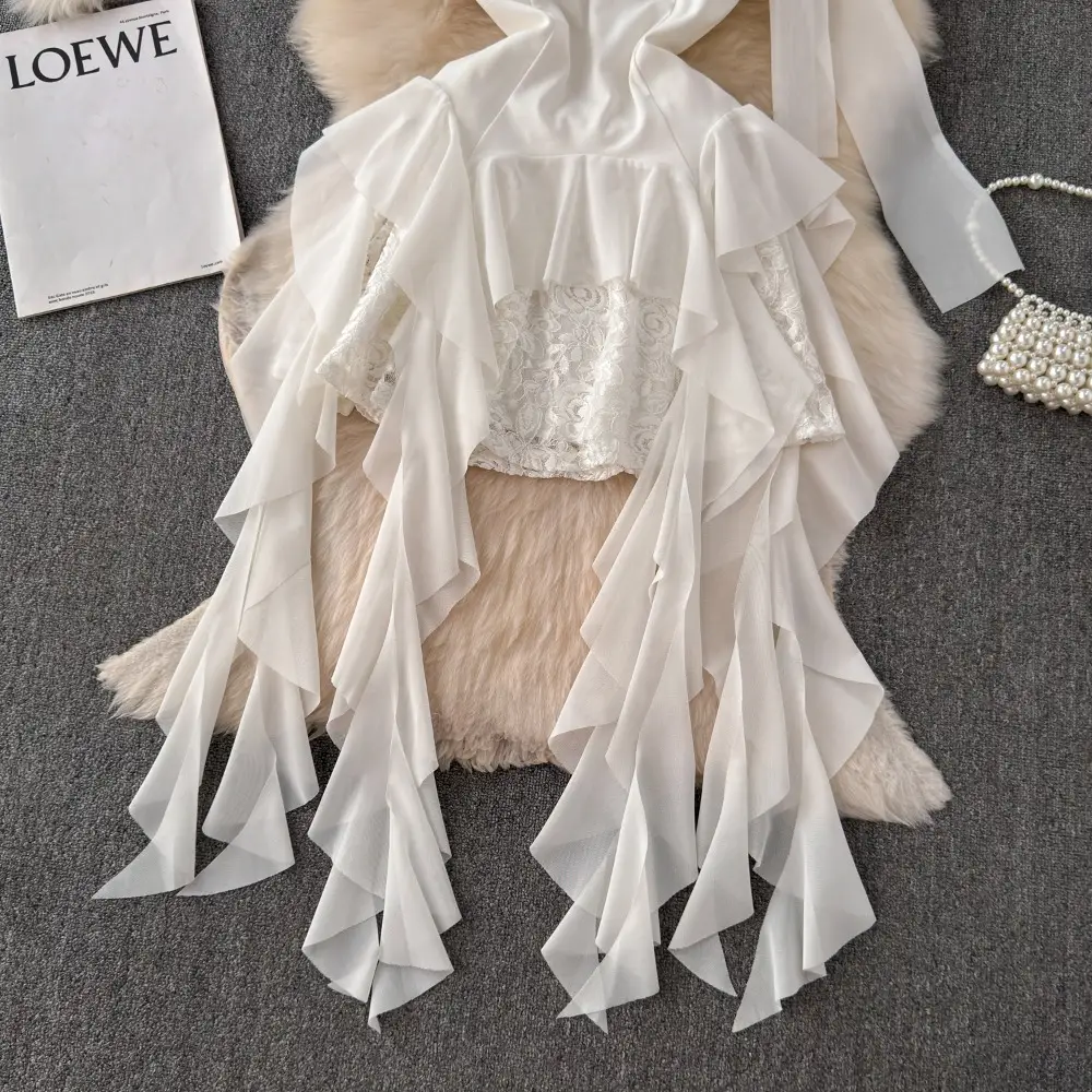 Strapless Lace Dress with Irregular Trim and Satin...