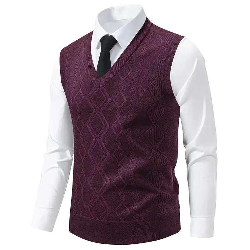 Men's V-Neck Knit Sweater Warm Diamond Pattern Twi...