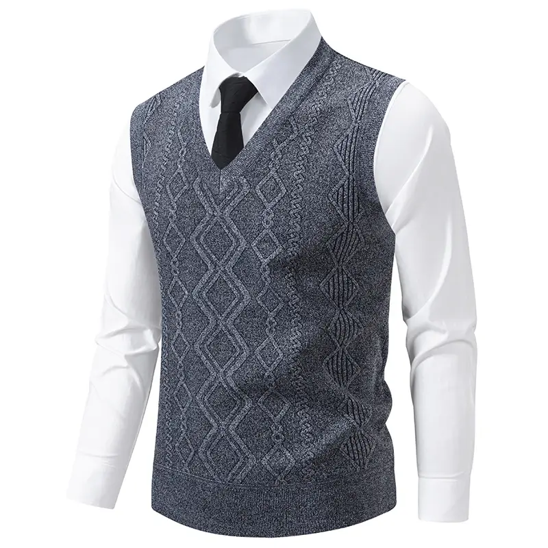 Men's V-Neck Knit Sweater Warm Diamond Pattern Twist Casual Fashion Top