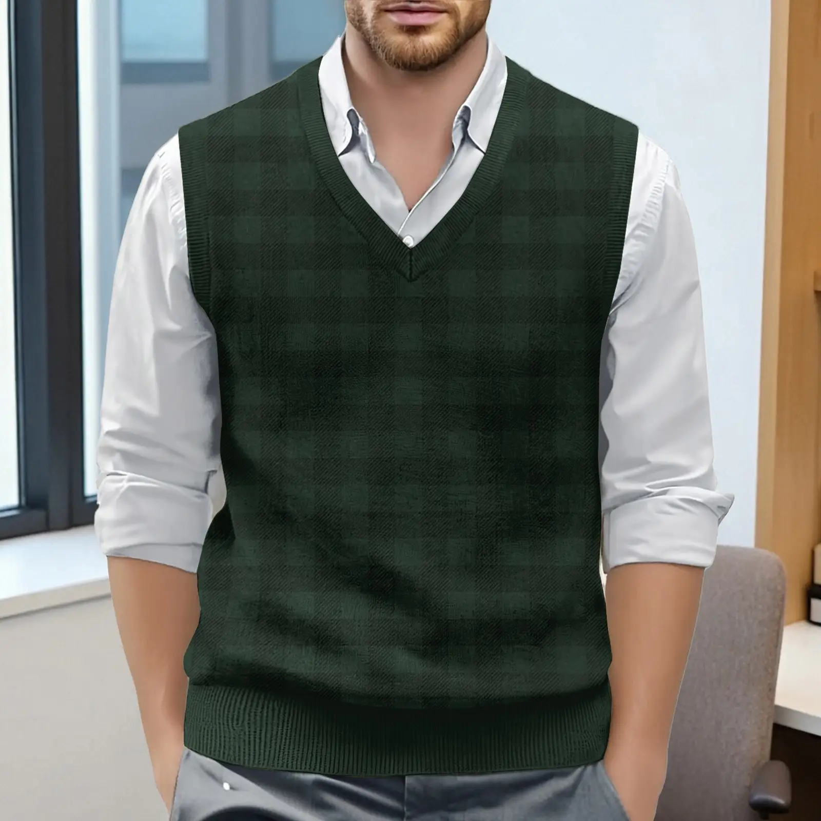 Men's British Style Checkered Knit Vest V-Neck Sleeveless Pullover Waistcoat