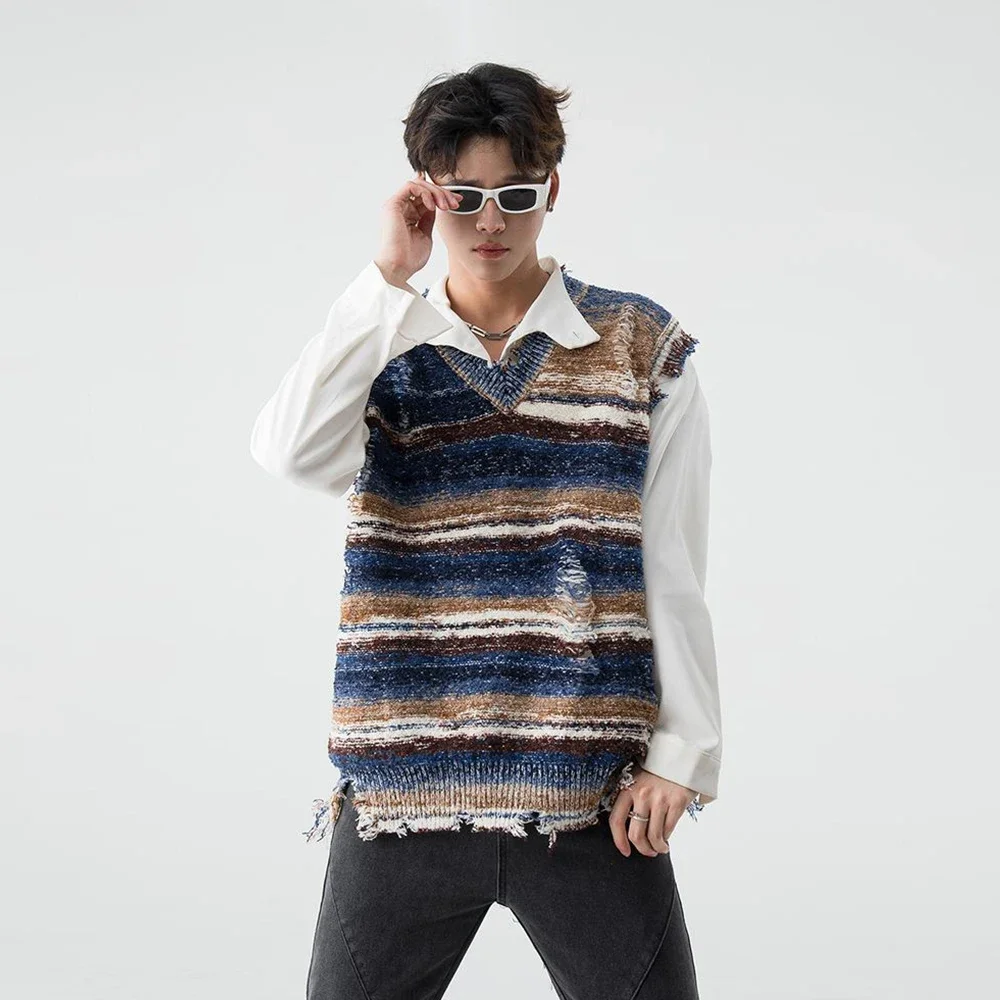 Gradient Stripe Sleeveless Washed Ripped Tie-Dye V-Neck Loose Knit Pullover Sweater Vest