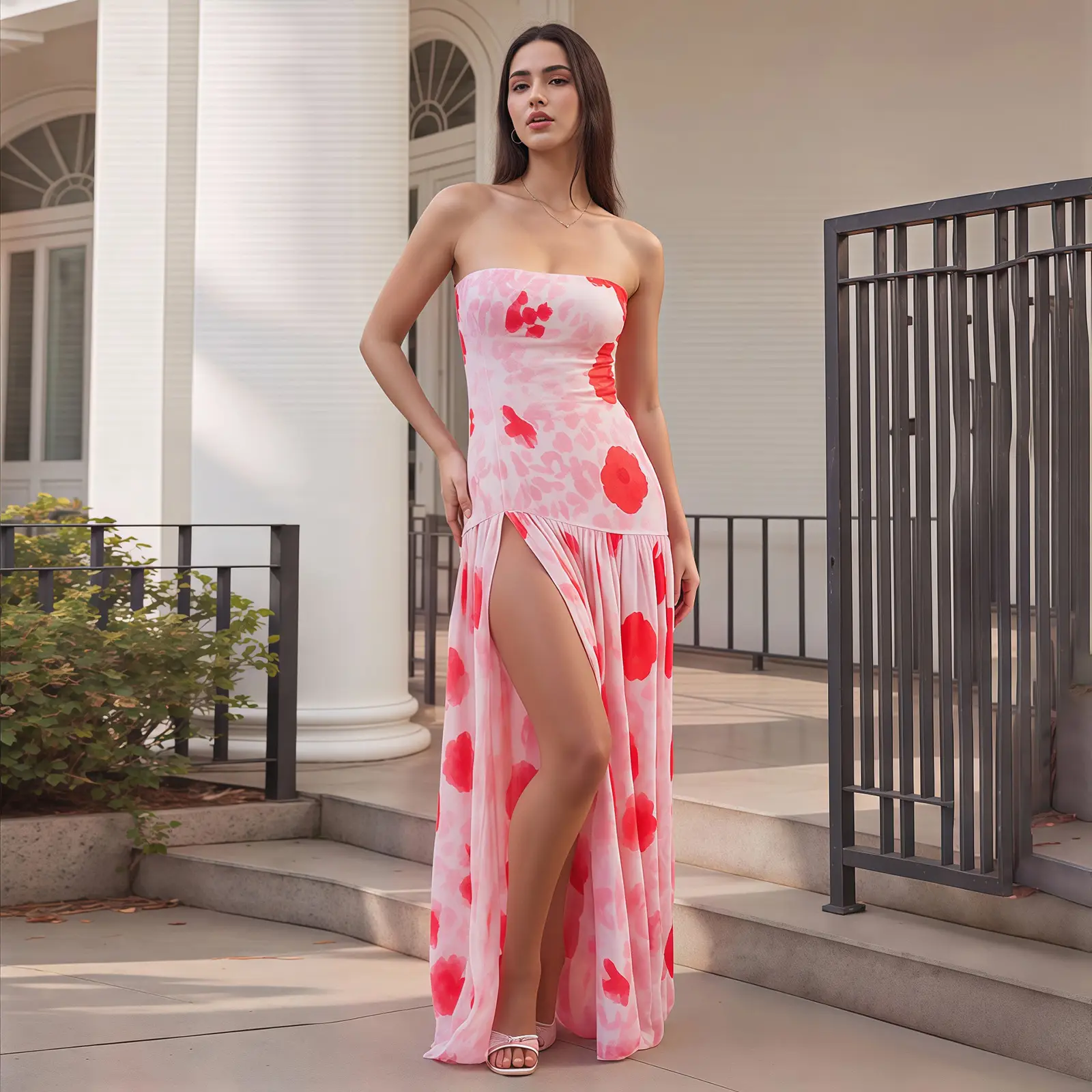 Women's Strapless Floral High-Slit Backless Maxi Dress
