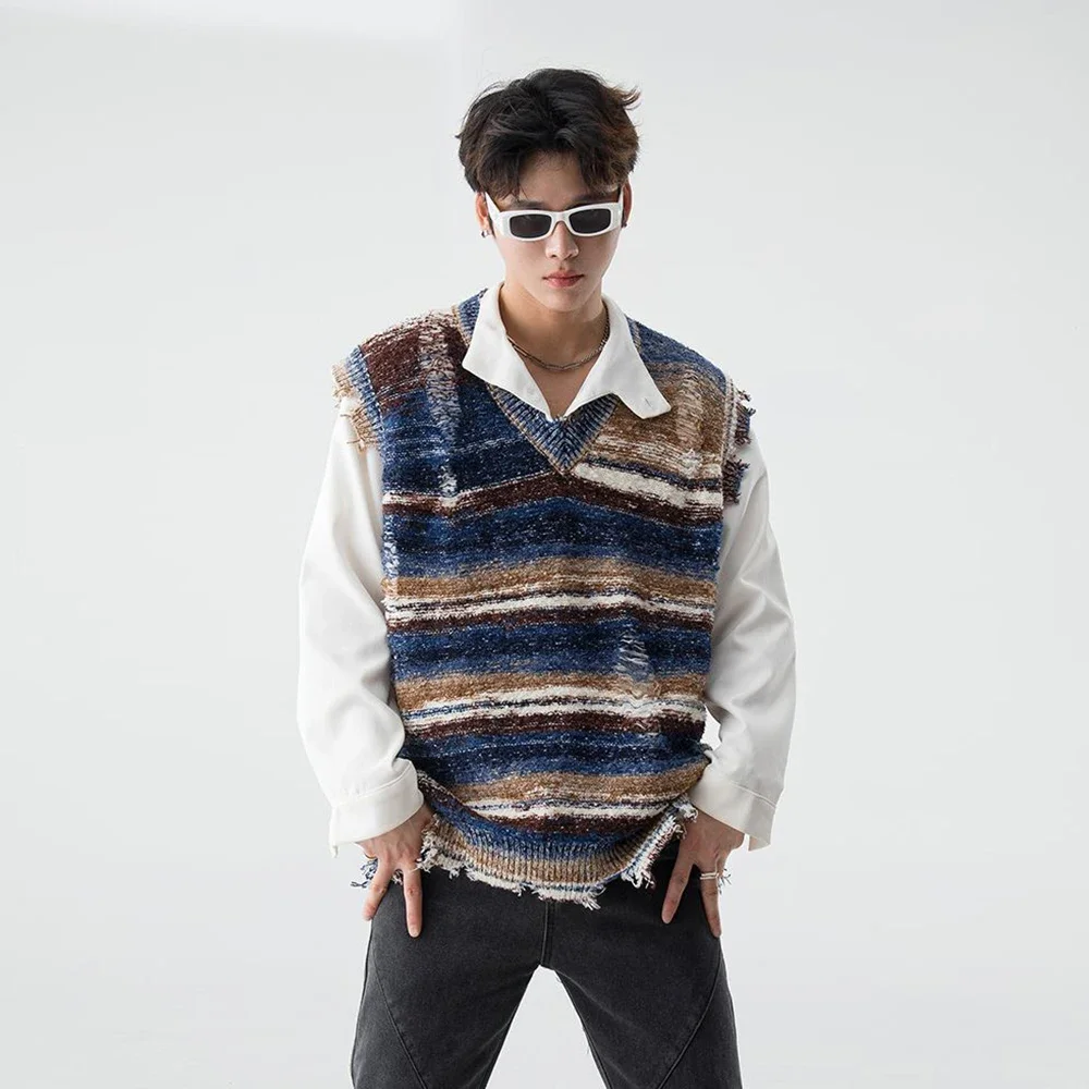 Gradient Stripe Sleeveless Washed Ripped Tie-Dye V...