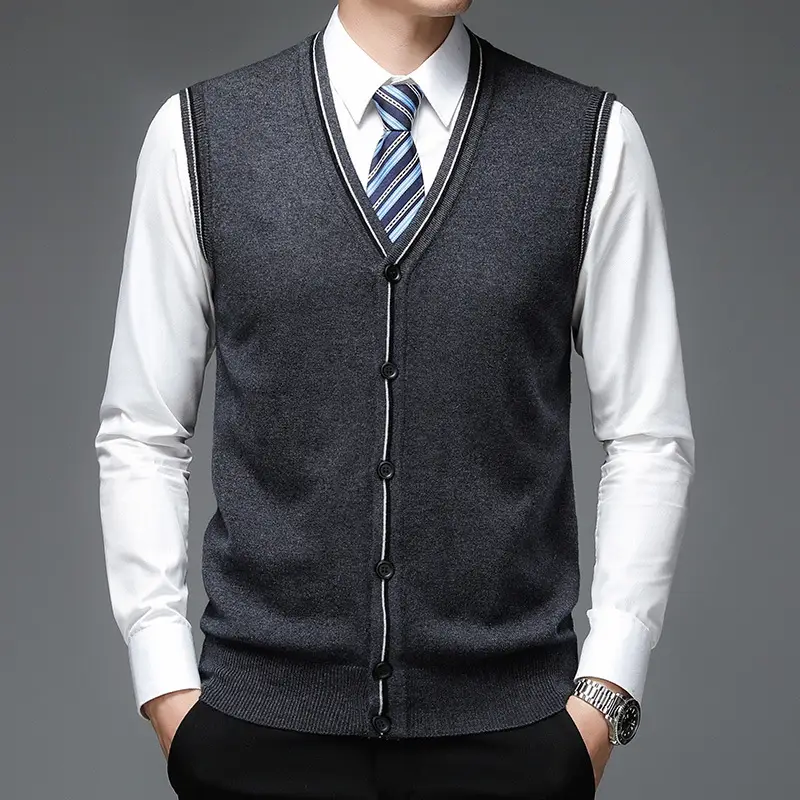 Men's Solid V-Neck Wool Cardigan Knit Vest Trendy Sleeveless Casual Sweater