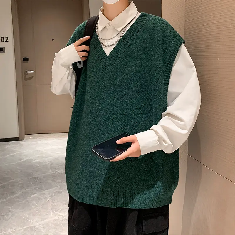 Men's Knitted Sweater Vest Trendy College Style V-Neck Loose Fit Outer Layer