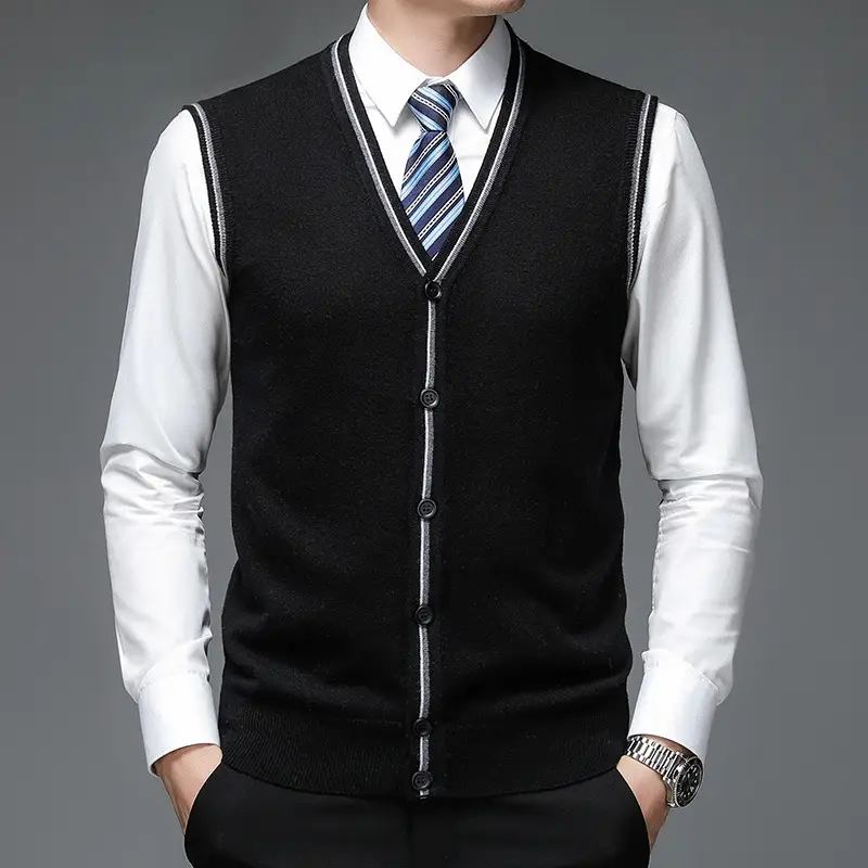 Men's Solid V-Neck Wool Cardigan Knit Vest Trendy ...