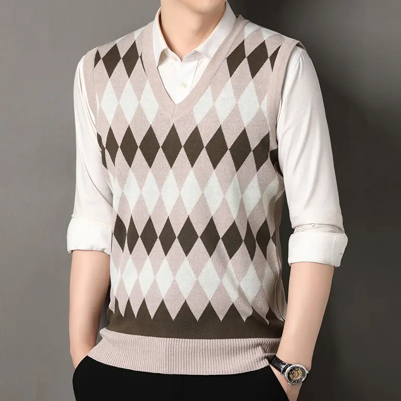 Men's V-Neck Argyle Knit Vest Casual Waistcoat Top