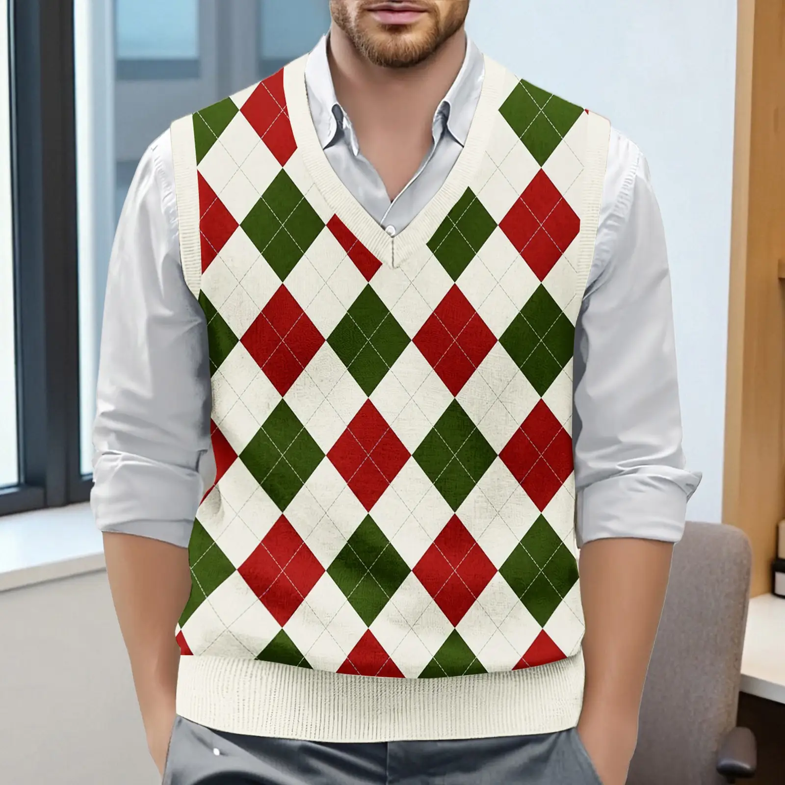 Men's British Style Checkered Knit Vest V-Neck Sleeveless Pullover Waistcoat