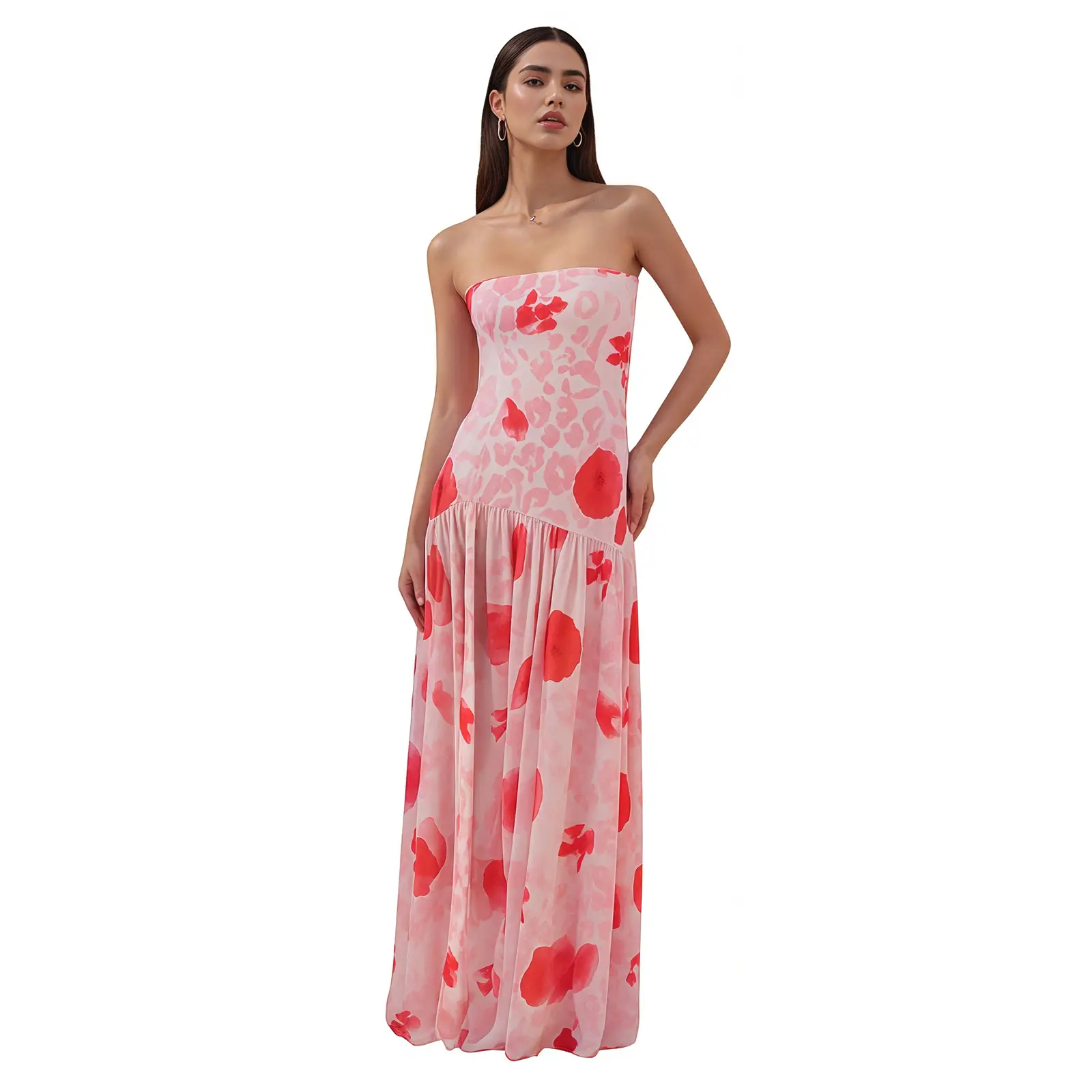 Women Strapless Floral High-Slit Backless Maxi Dress