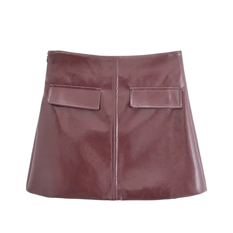 Women Glossy Leather Skirt Simple Side Zipper High Waist Skirt