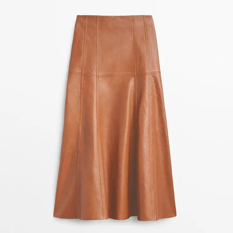 Genuine Leather Skirt For Women Fashion High Waist Stitching Ladies Elegant