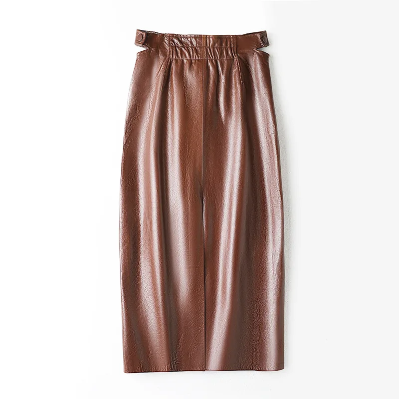 100% Genuine Leather Women's Skirt Retro Cowhide Elastic Waist Long Skirt