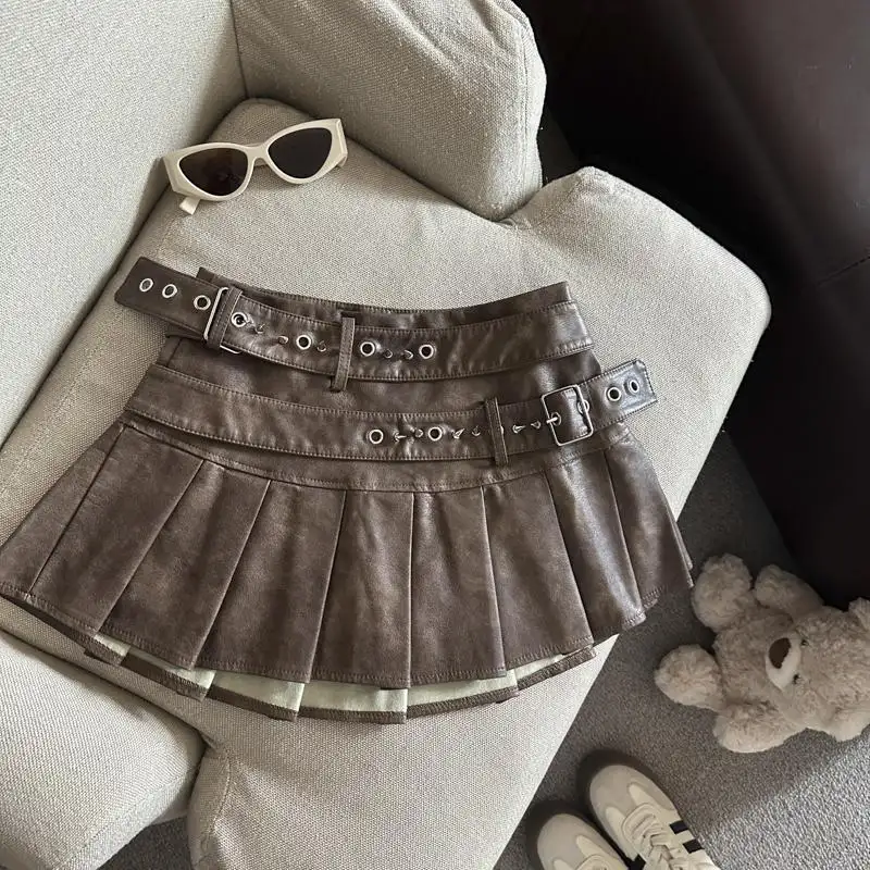Vintage Women's PU Leather Sexy Club Pleated Mini Skirt