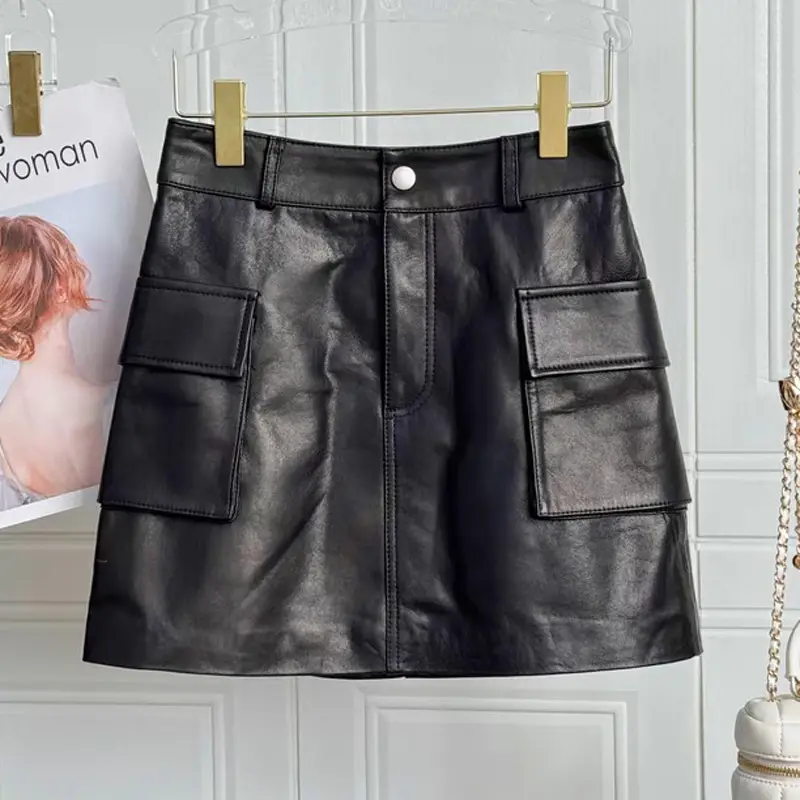 Women’s Genuine Leather High-Waist Pocket Slim Fit Sheepskin Skirt