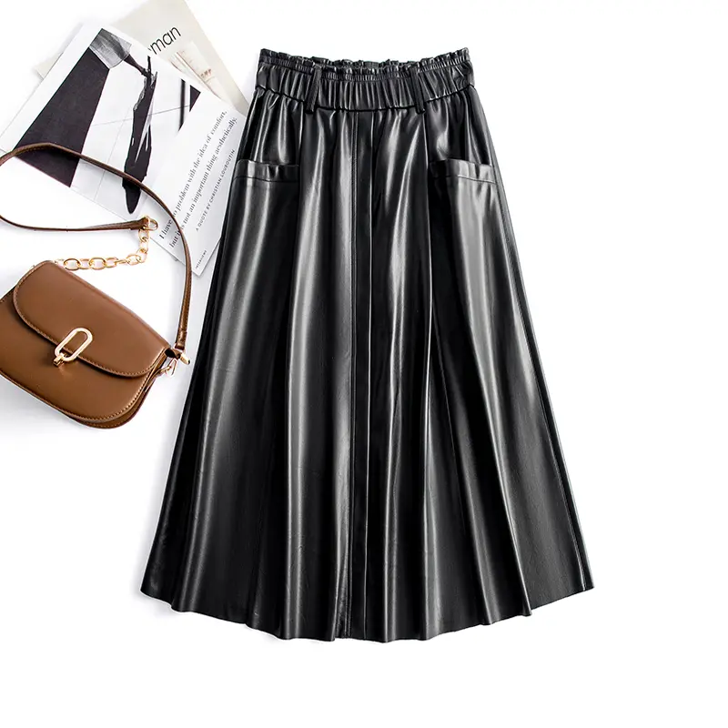 Women's Fashion PU Leather Solid Mid-Length Skirt