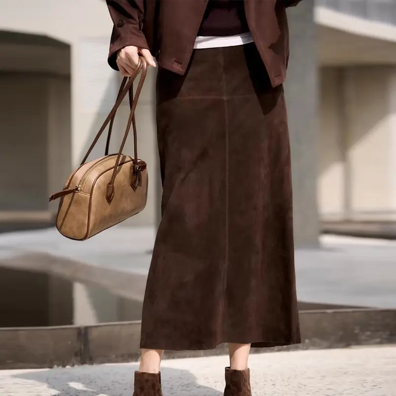 Women's High-Waist Sheepskin Suede Genuine Leather Maxi Skirt