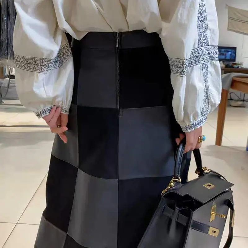 Women's Checkered Genuine Leather Skirt Elegant Suede Patchwork Design