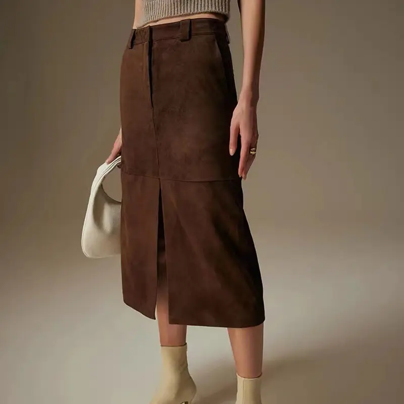 Women's Fashion Elegant Vintage Goatskin Suede Front Slit Maxi Leather Skirt