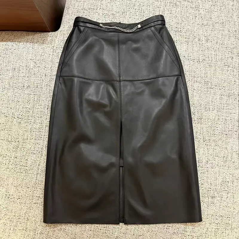 High End Women Genuine Leather Skirt Chian Decoration