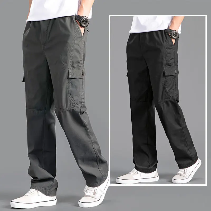 Men's Solid Grey Loose Straight Cargo Joggers Versatile Casual Trousers