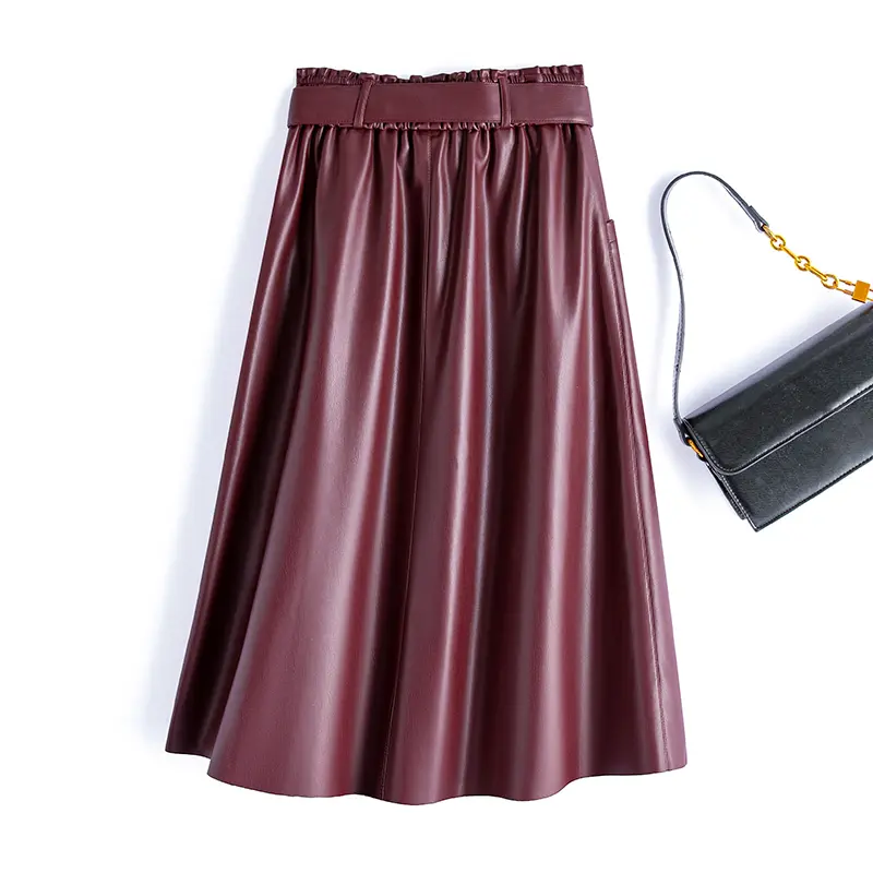 Women’s PU Leather Skirt Solid Color Mid-Length Fashion Design