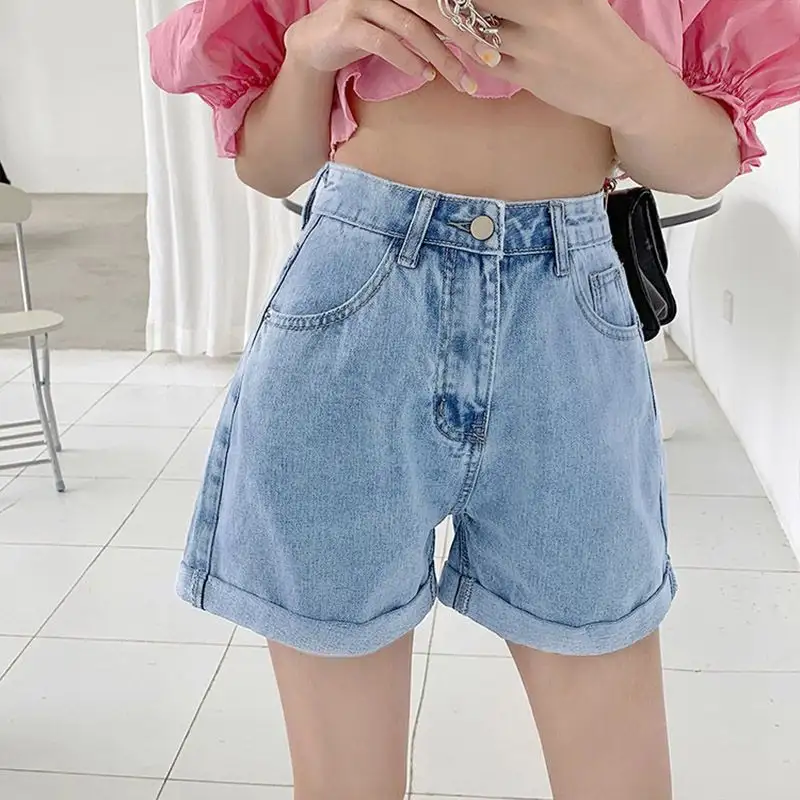 High Waist Wide Leg A-Line Denim Shorts Women's Cuffed Hot Pants