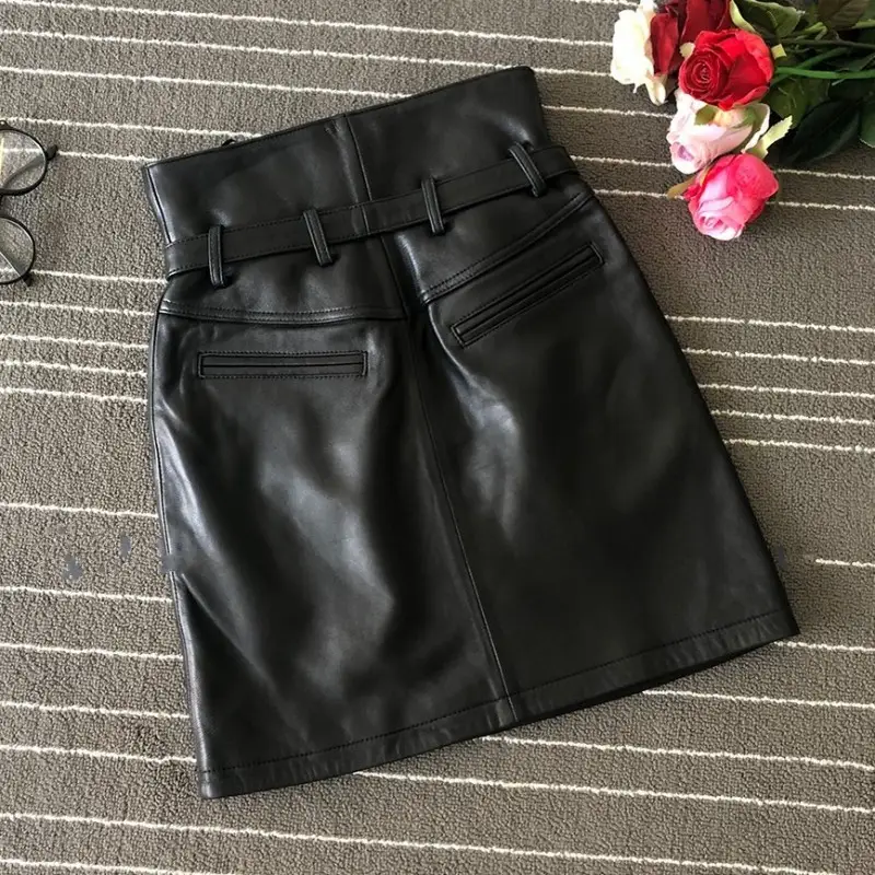 Women's Genuine Sheepskin Leather Street Style High-Waist Short Skirt