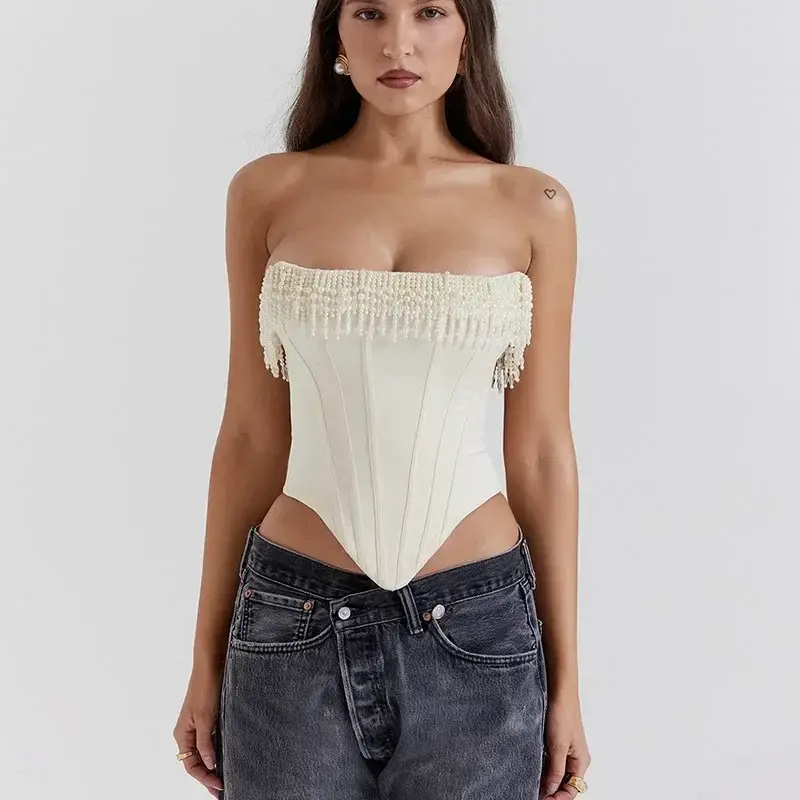 Pearl Tassel Fitted Strapless Crop Top