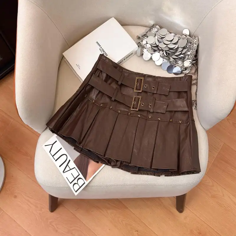 Women's Fashion PU Leather Mini Skirt Sexy Versatile Pleated Short Skirt