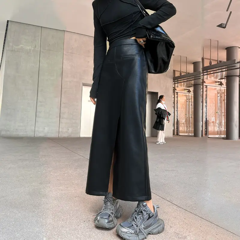 Genuine Leather Skirt For Women Sheepskin Length Front Slit