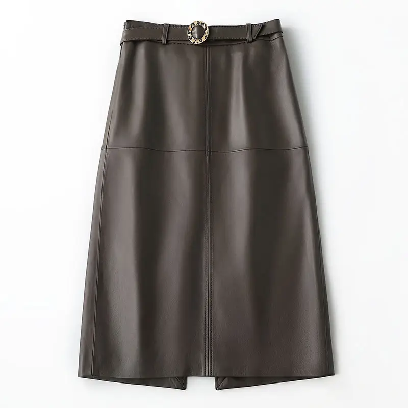 Women's Trendy Lambskin Leather Skirt with Ring Be...
