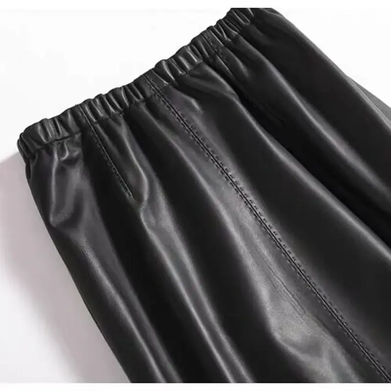Fashion Women's Genuine Sheepskin Leather Elastic Waist Wrap Maxi Skirt