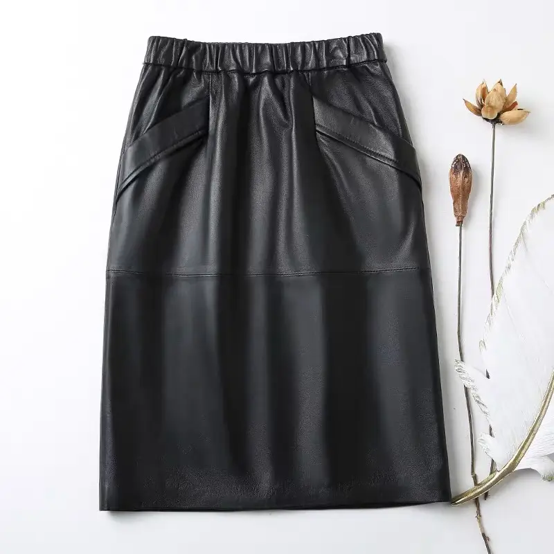 Women With Pockets Midi Skirts Genuine Sheepskin Leather Hgh Waist