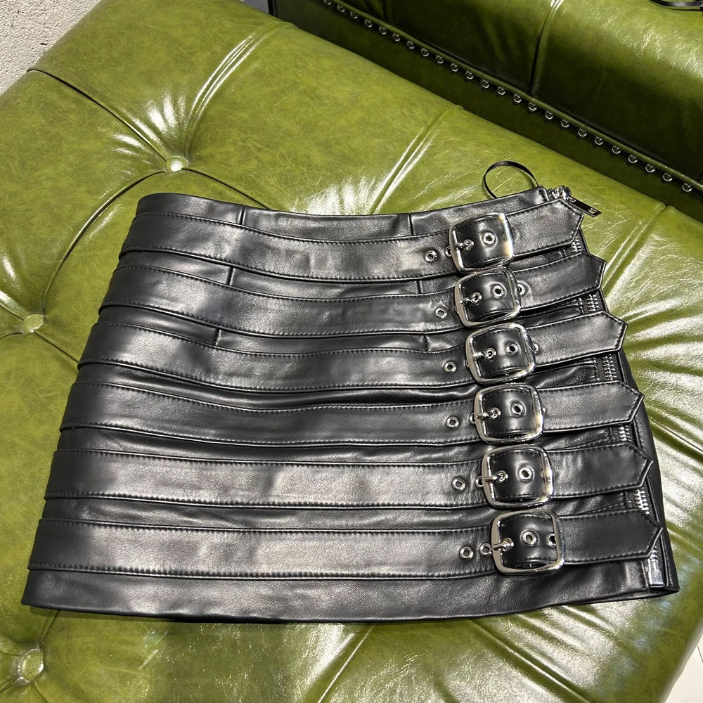 Women Mini Skirts With Belt Genuine Sheep Skin Ski...