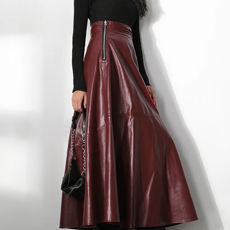 Women's Elegant High-Waist PU Leather Long Skirt