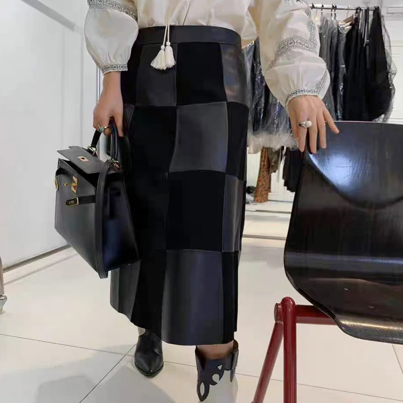 Checkered Genuine Leather Skirt For Women Elegant Suede Patchwork Design