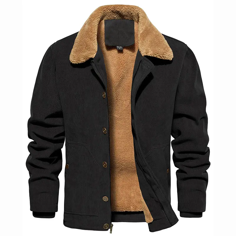 Men's Corduroy Jacket Fleece Warm Lined Cargo Work Jacket Casual Thick Sherpa Collar Coats