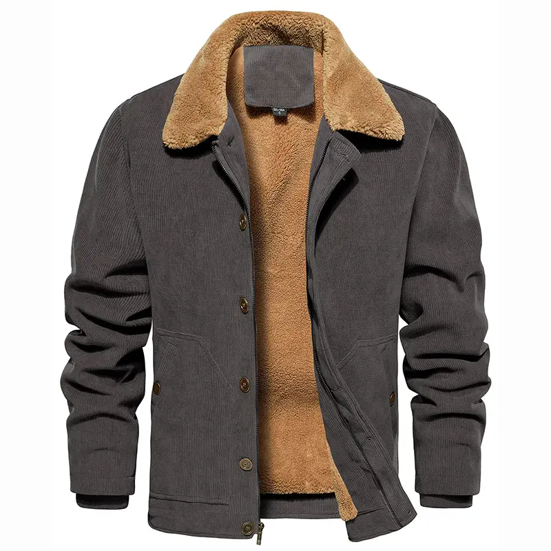 Men's Corduroy Jacket Fleece Warm Lined Cargo Work Jacket Casual Thick Sherpa Collar Coats