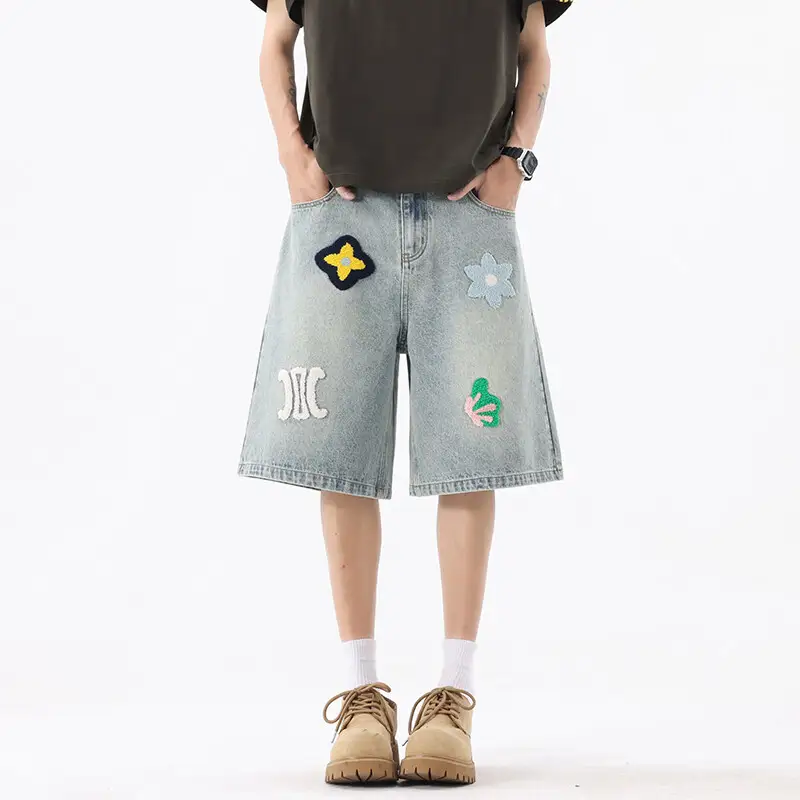 Men's Streetwear Knee Length Patchwork Design Jeans