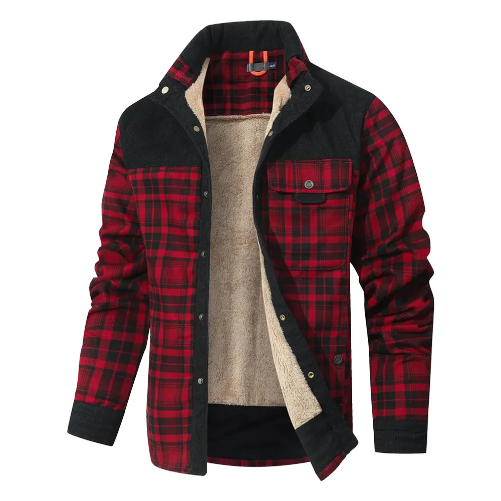 Men's Jackets Windproof Warm Casual Bomber Coat Plaid Sherpa Lined Flannel Outdoor Classic Jacket Men