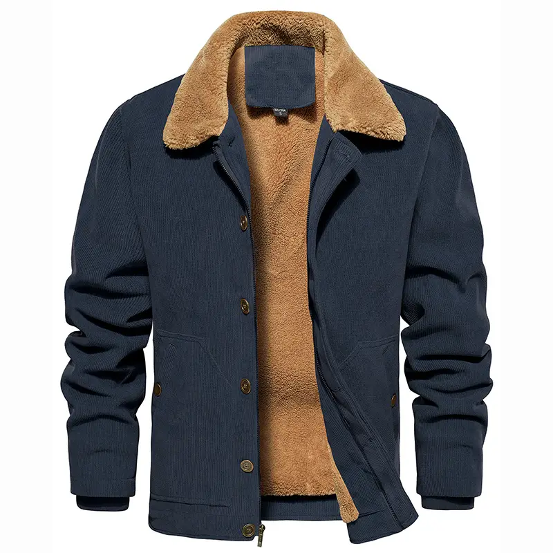 Men's Corduroy Jacket Fleece Warm Lined Cargo Work Jacket Casual Thick Sherpa Collar Coats