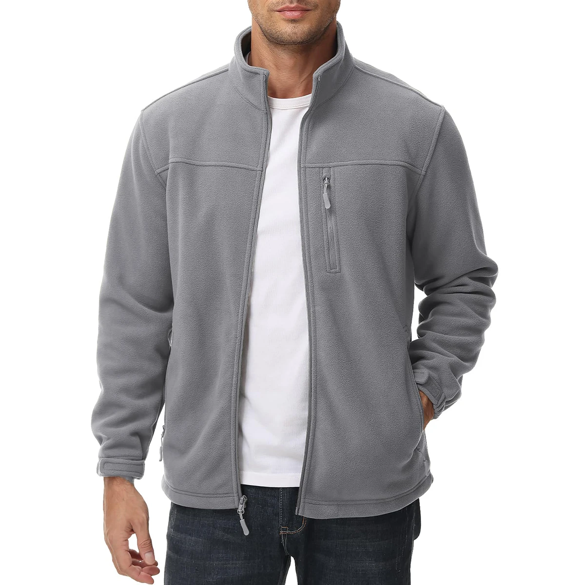 Men's Thermal Fleece Stand Collar Windbreaker Multi-Pocket Outerwear Coat