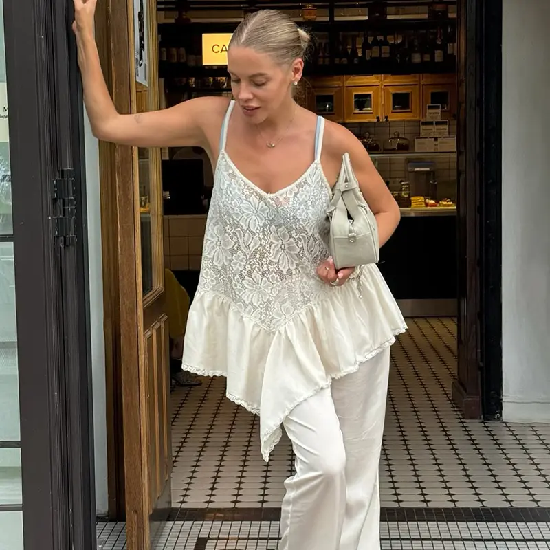 Lace Trim Irregular Sheer Camisole T-Shirt Sexy To...