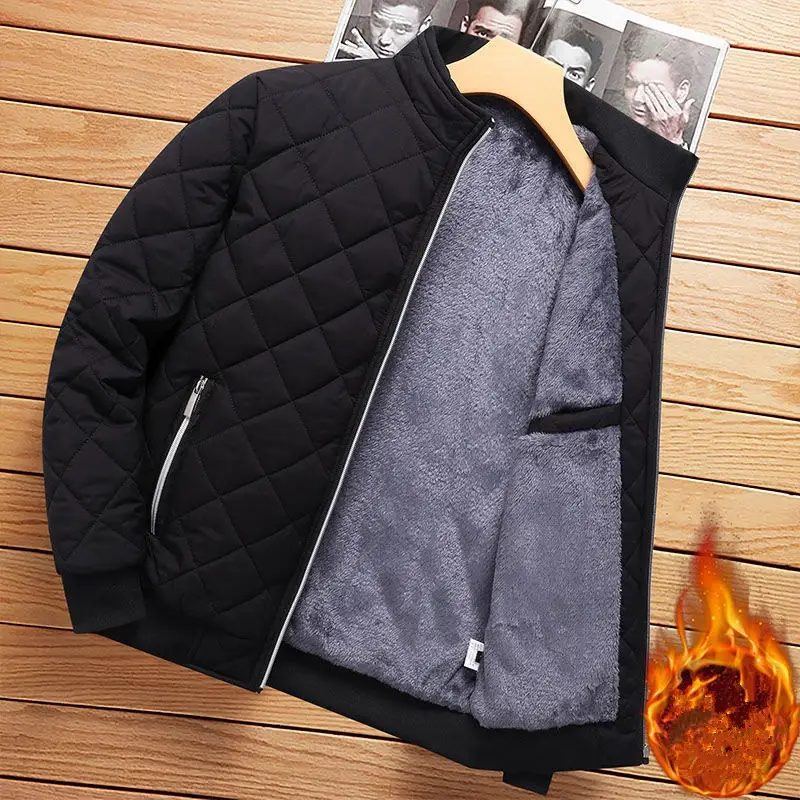 Bomber Jacket Men Diamond Pattern Fleece Lined Casual Jacket Men Clothing Slim Fit Cotton-padded Coat