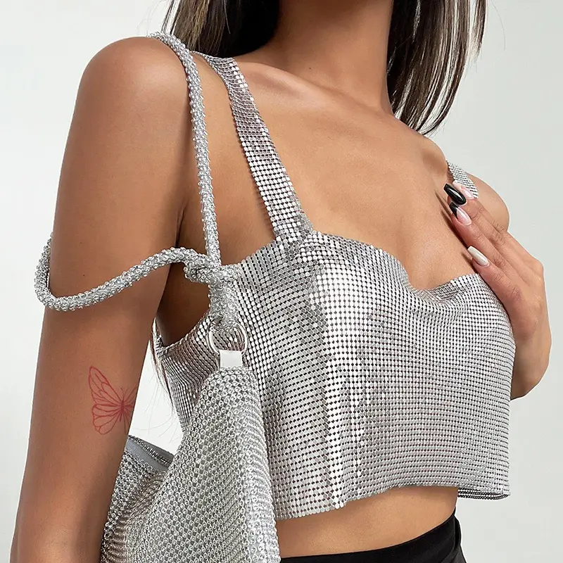 Shiny Metallic Sequin Party Crop Top