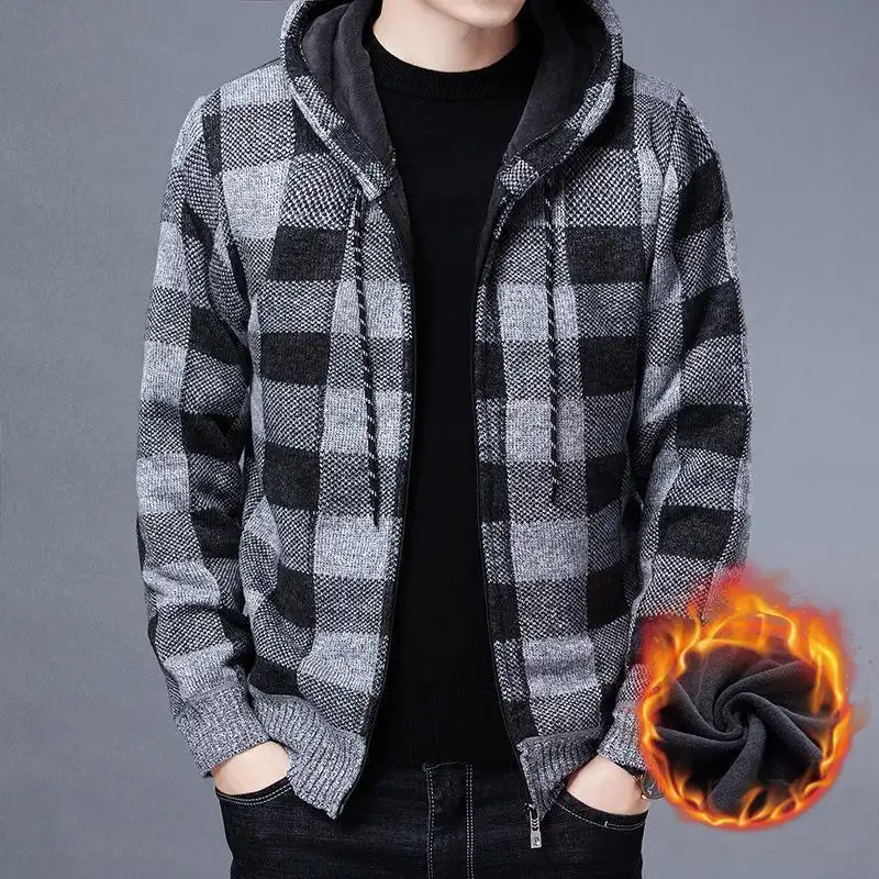 Men's Fleece Knit Sweater Jackets For Men Fleece-Lined Hooded Checkered Jacket Casual Zipper Coats
